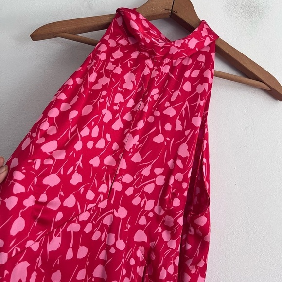 Zara Red Floral Satin Effect Halter Neck Tie Back Midi Dress - Picture 6 of 13